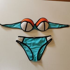 Color Block, L, Blue, Orange, White, BlackBikini,